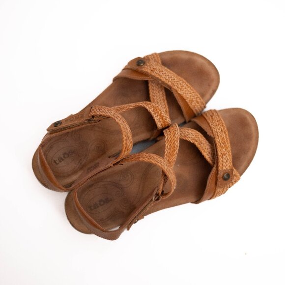 Taos Trulie Sandals 9 Camel Brown Leather Strappy Slingback Wedge Cork Footbed - Picture 6 of 9